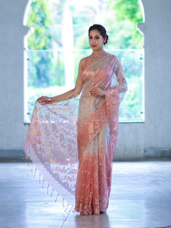 Banarasee Dual Color Organza Saree With Zari Jaal Design-Silver & Peach