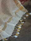 Banarasee Handloom Pure Linen Saree With Gold Zari Border-White