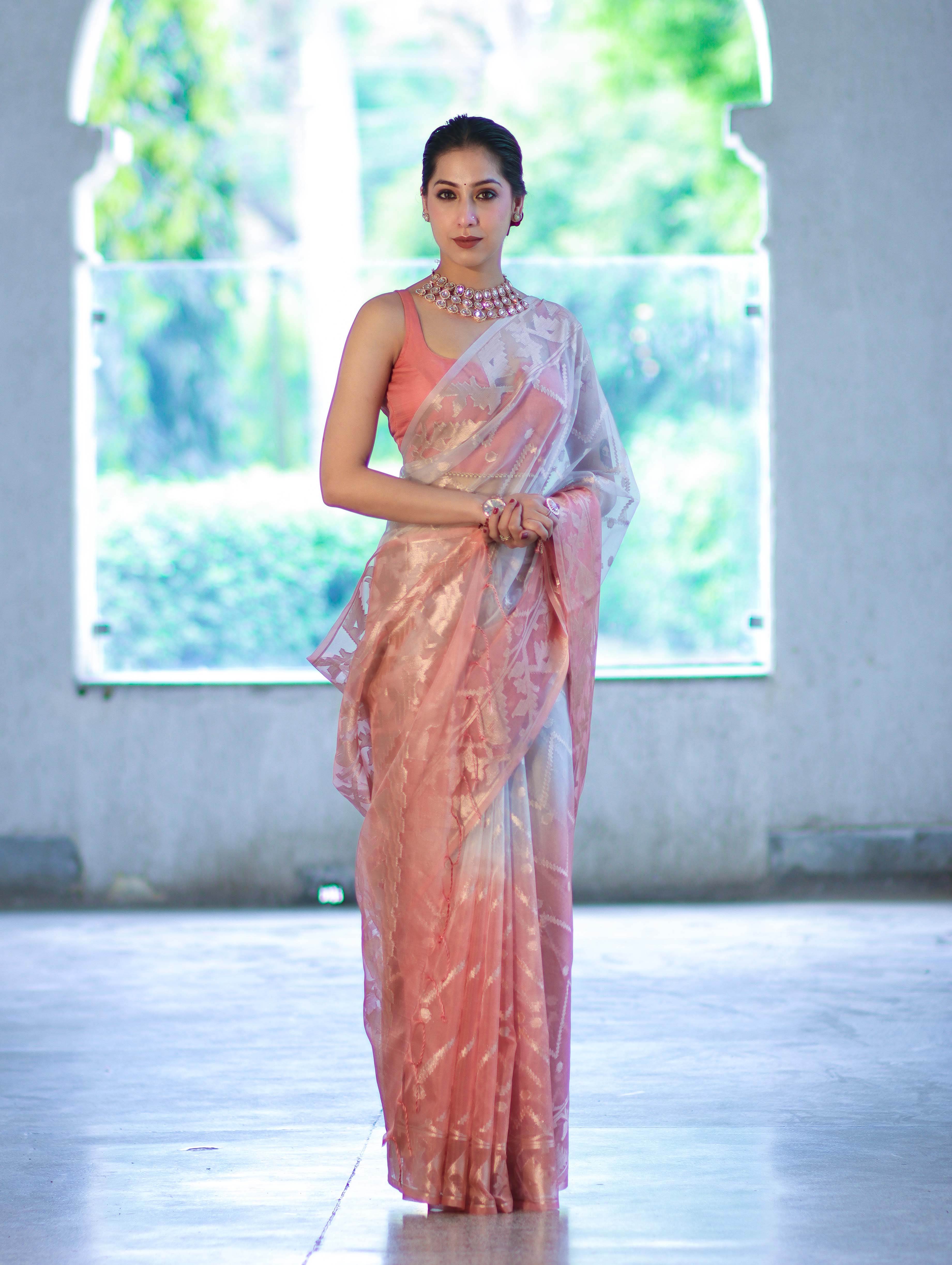 Banarasee Dual Color Organza Saree With Zari Jaal Design-Silver & Peach