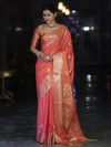 Banarasee Handloom Dual Tone Semi Silk Saree With Zari Buta Design & Floral Border-Coral Orange