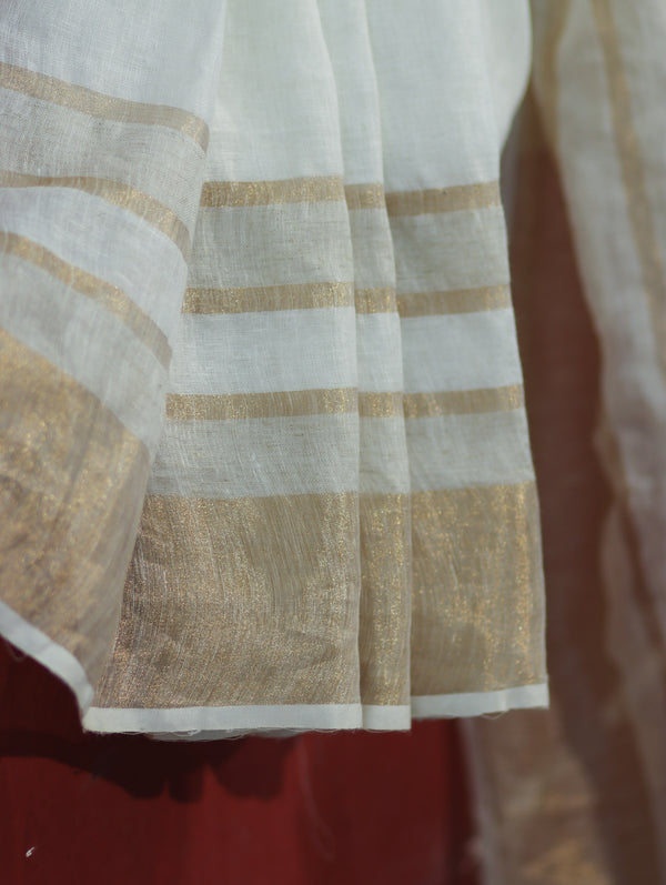 Banarasee Handloom Pure Linen Saree With Gold Zari Border-White