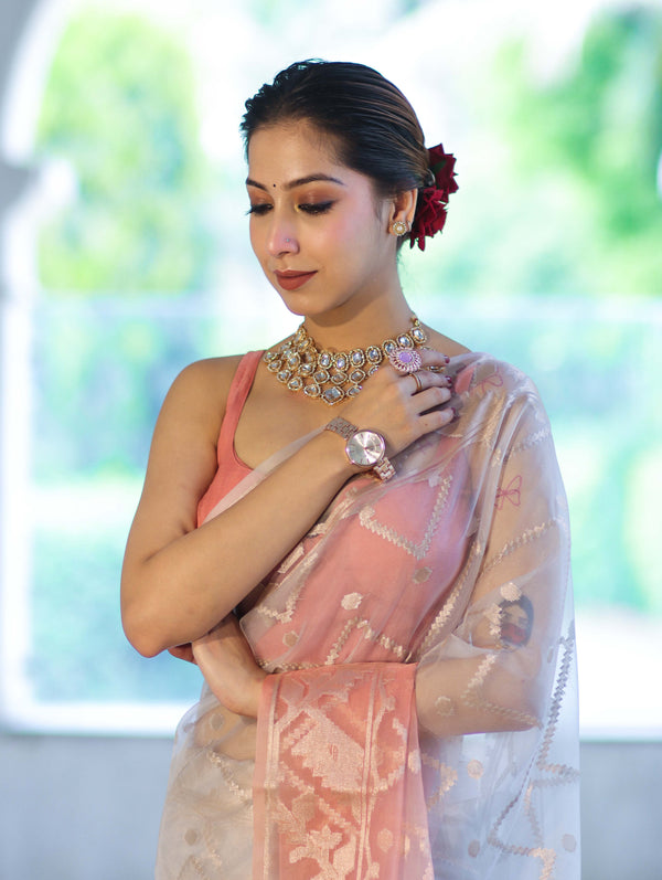 Banarasee Dual Color Organza Saree With Zari Jaal Design-Silver & Peach