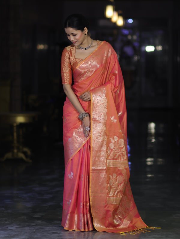Banarasee Handloom Dual Tone Semi Silk Saree With Zari Buta Design & Floral Border-Coral Orange