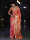 Banarasee Handloom Dual Tone Semi Silk Saree With Zari Buta Design & Floral Border-Coral Orange
