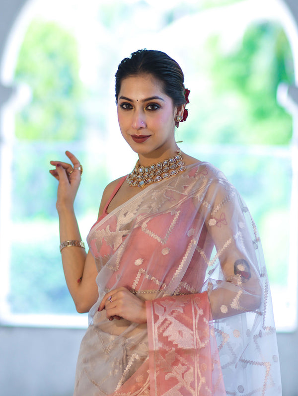 Banarasee Dual Color Organza Saree With Zari Jaal Design-Silver & Peach