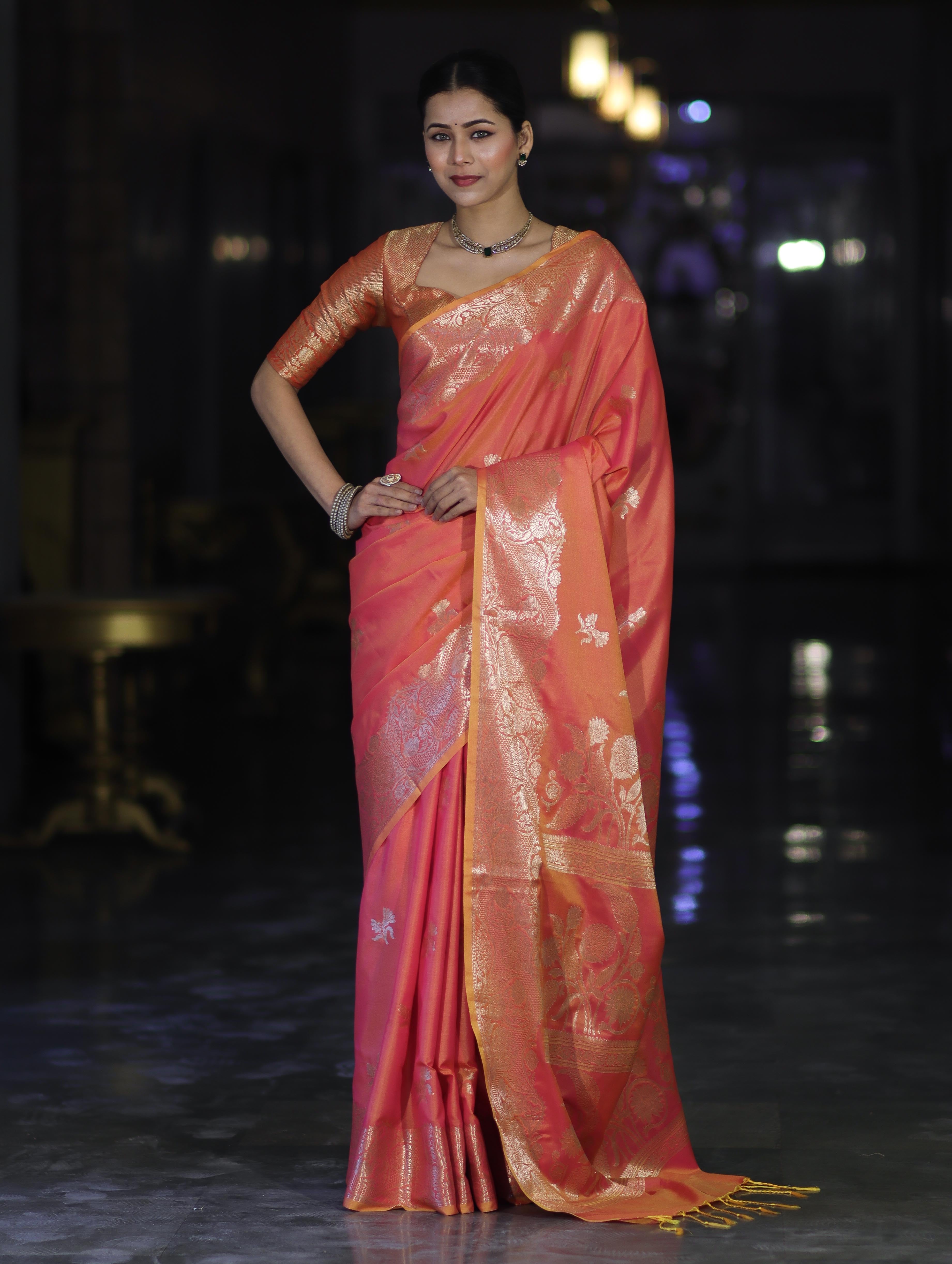 Banarasee Handloom Dual Tone Semi Silk Saree With Zari Buta Design & Floral Border-Coral Orange