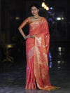 Banarasee Handloom Dual Tone Semi Silk Saree With Zari Buta Design & Floral Border-Coral Orange