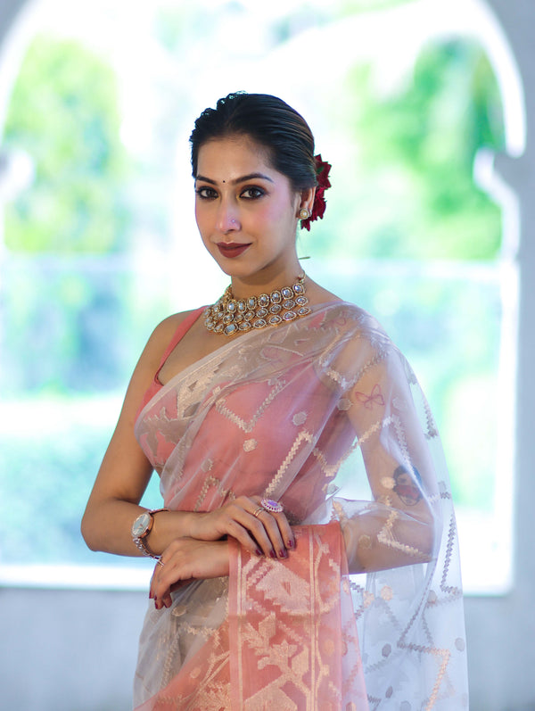 Banarasee Dual Color Organza Saree With Zari Jaal Design-Silver & Peach