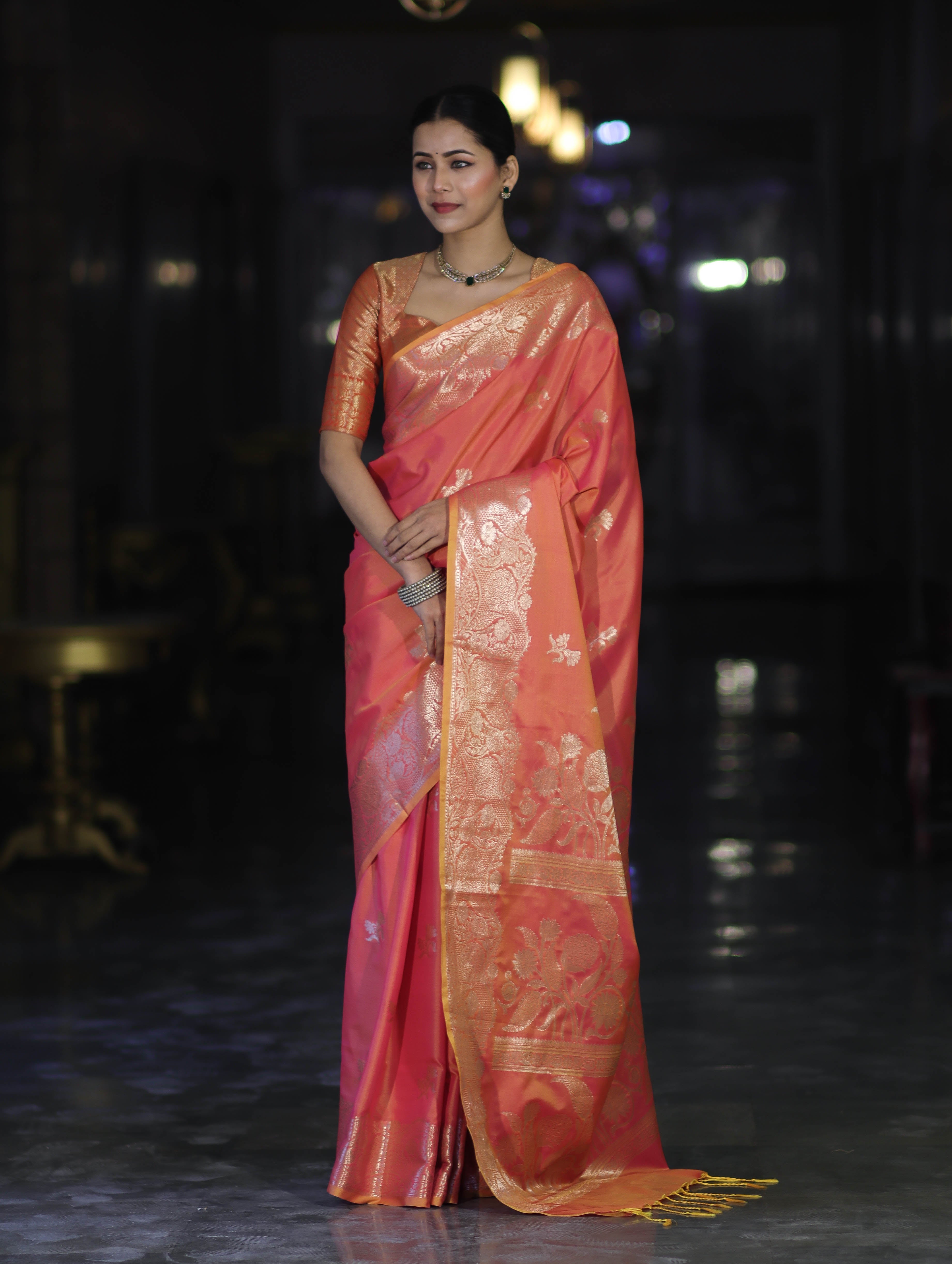 Banarasee Handloom Dual Tone Semi Silk Saree With Zari Buta Design & Floral Border-Coral Orange