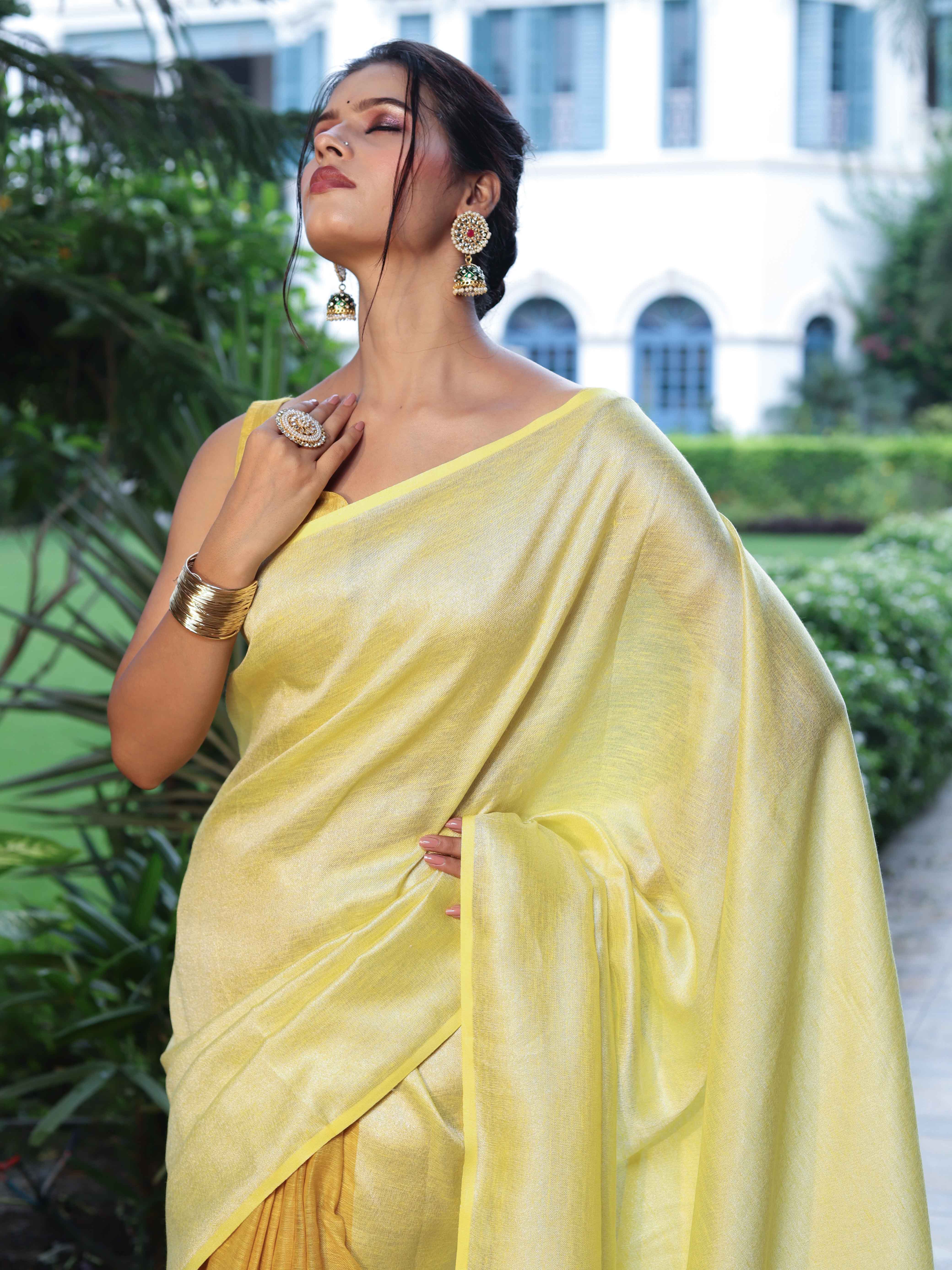 Banarasee Pure Linen Shine Saree-Yellow (Dual Tone)