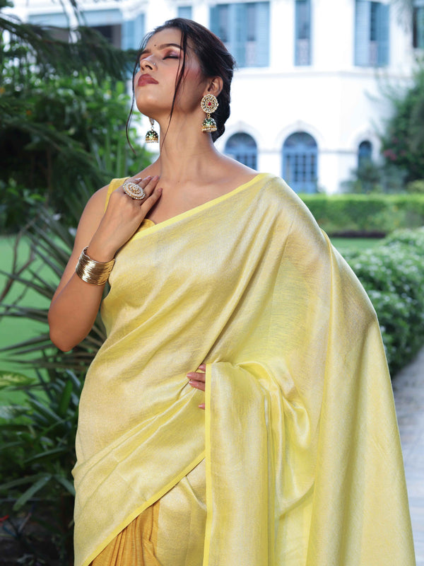 Banarasee Pure Linen Shine Saree-Yellow (Dual Tone)