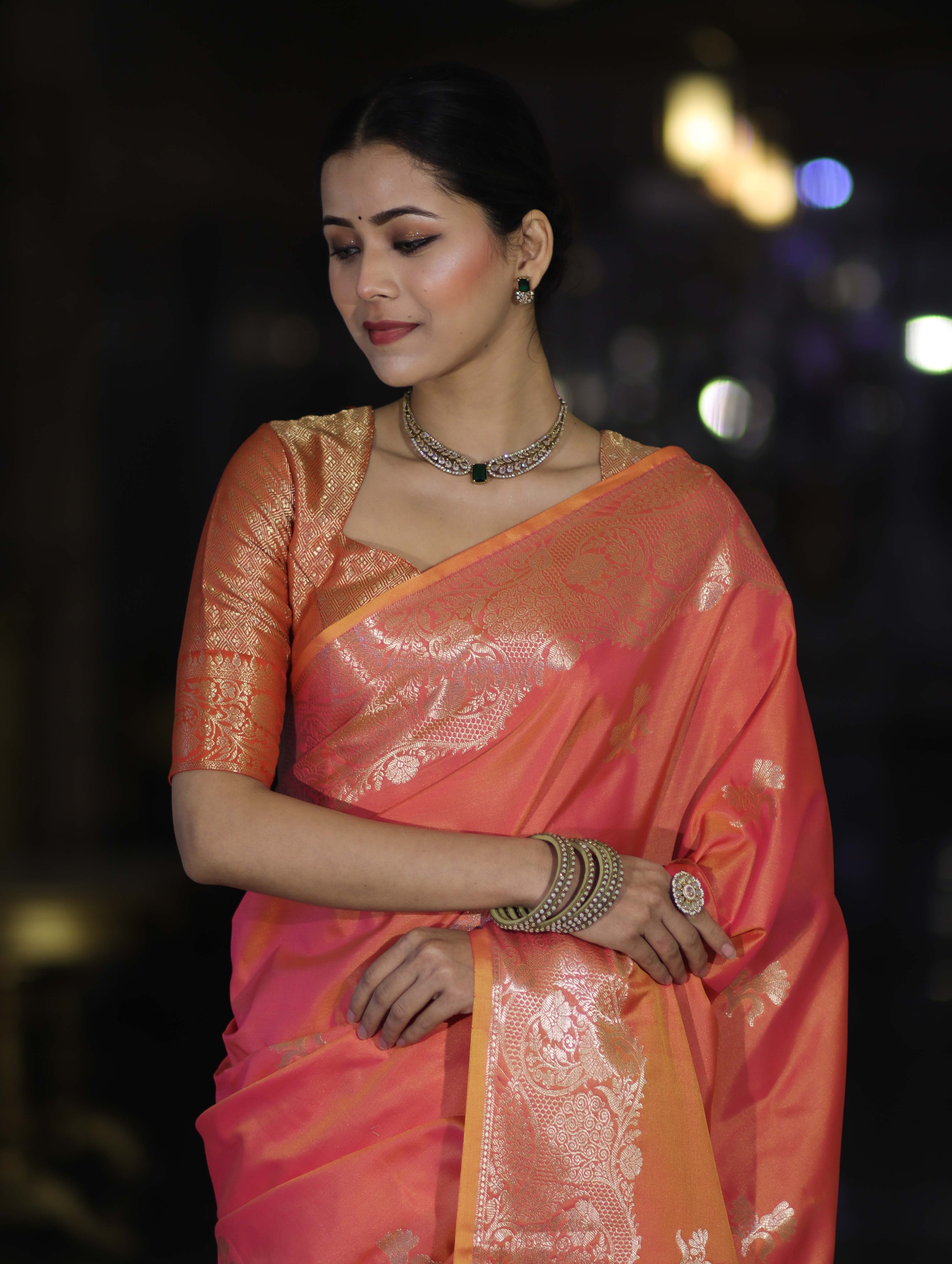 Banarasee Handloom Dual Tone Semi Silk Saree With Zari Buta Design & Floral Border-Coral Orange