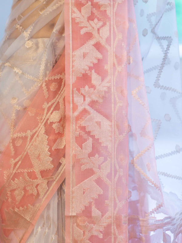 Banarasee Dual Color Organza Saree With Zari Jaal Design-Silver & Peach