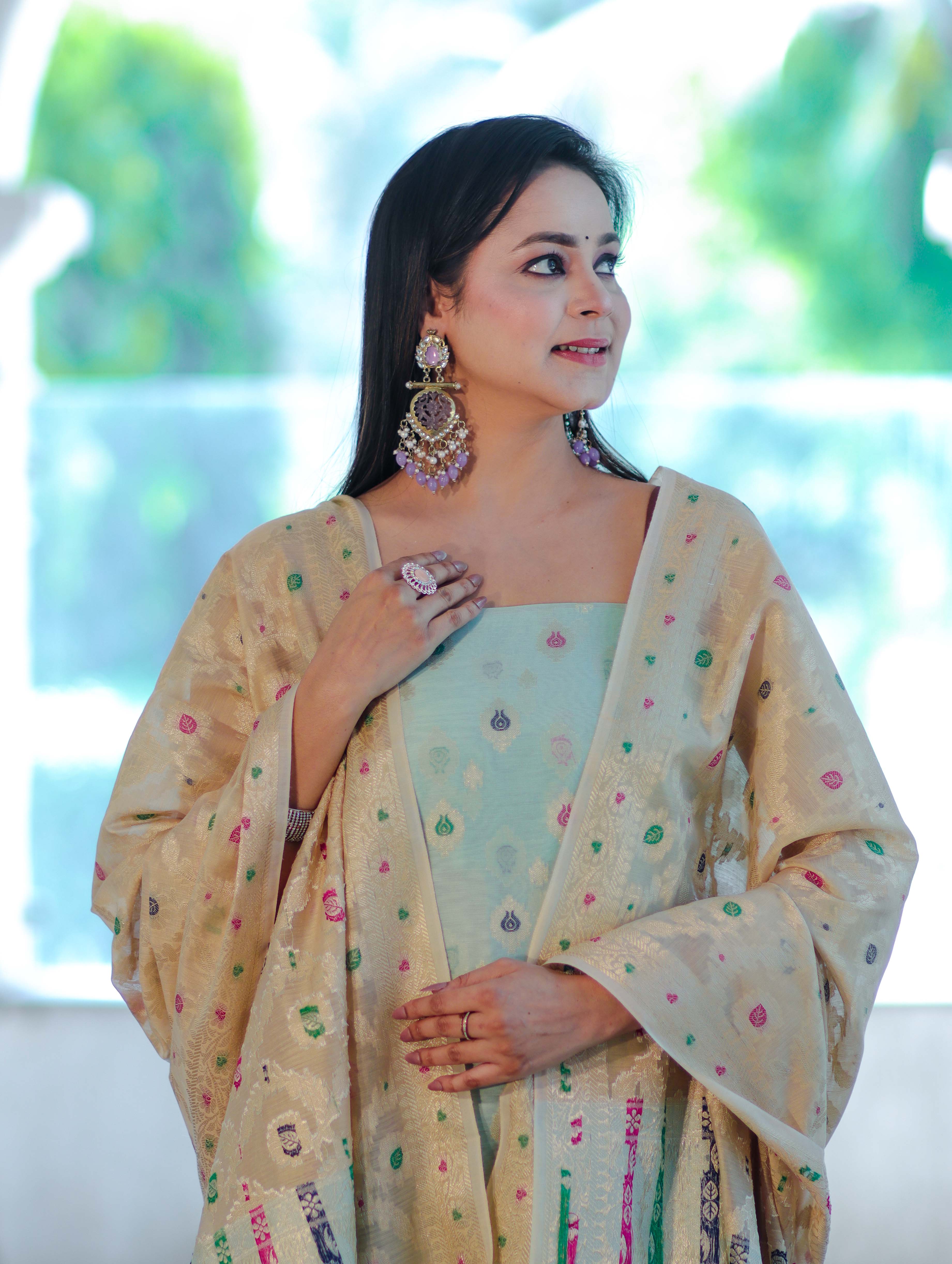 Banarasee Cotton Silk Zari Work Salwar Kameez Fabric With Jaal Design Dupatta Set-Pastel Green & Gold