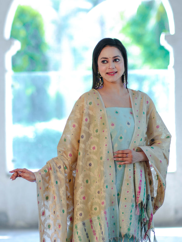 Banarasee Cotton Silk Zari Work Salwar Kameez Fabric With Jaal Design Dupatta Set-Pastel Green & Gold