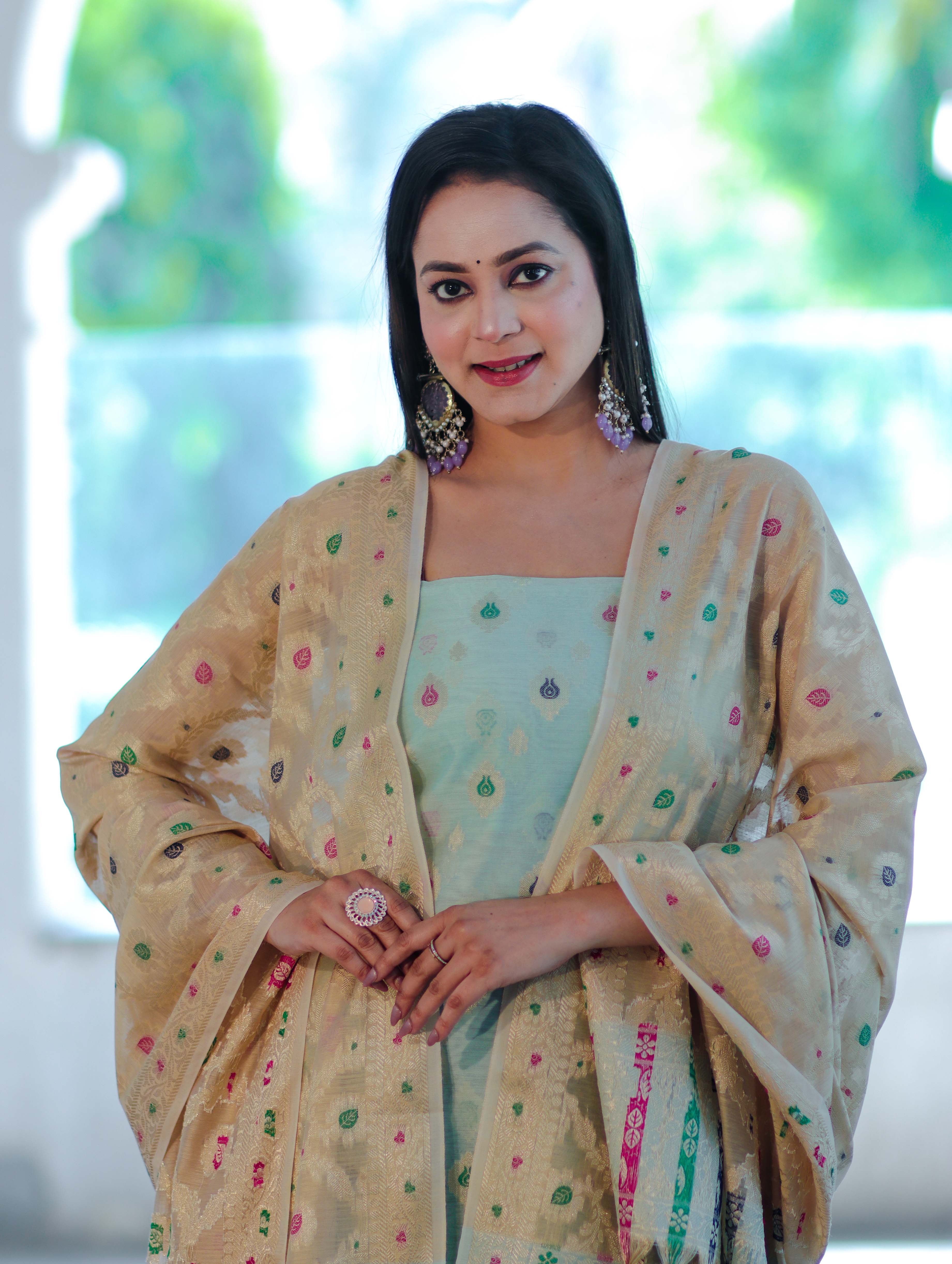 Banarasee Cotton Silk Zari Work Salwar Kameez Fabric With Jaal Design Dupatta Set-Pastel Green & Gold