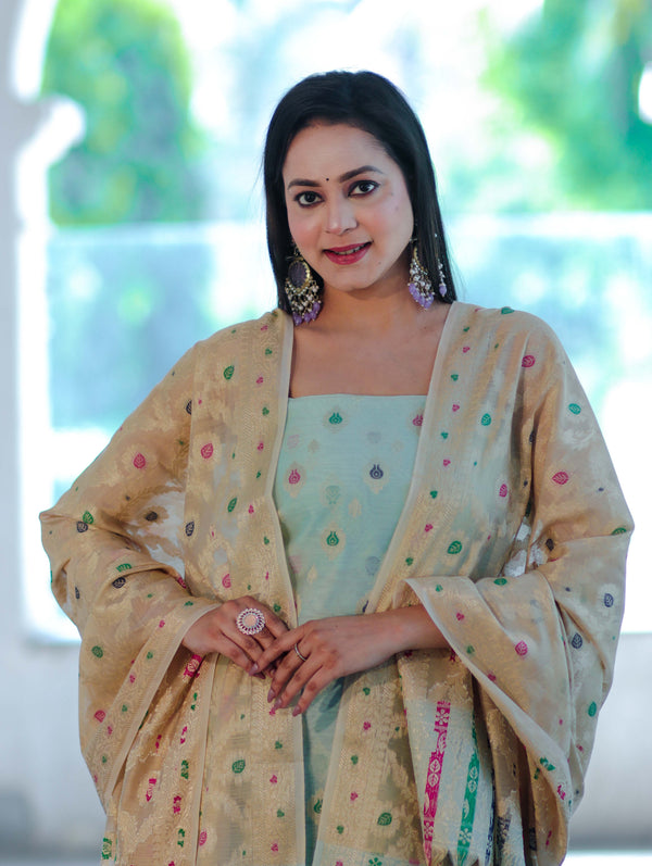 Banarasee Cotton Silk Zari Work Salwar Kameez Fabric With Jaal Design Dupatta Set-Pastel Green & Gold