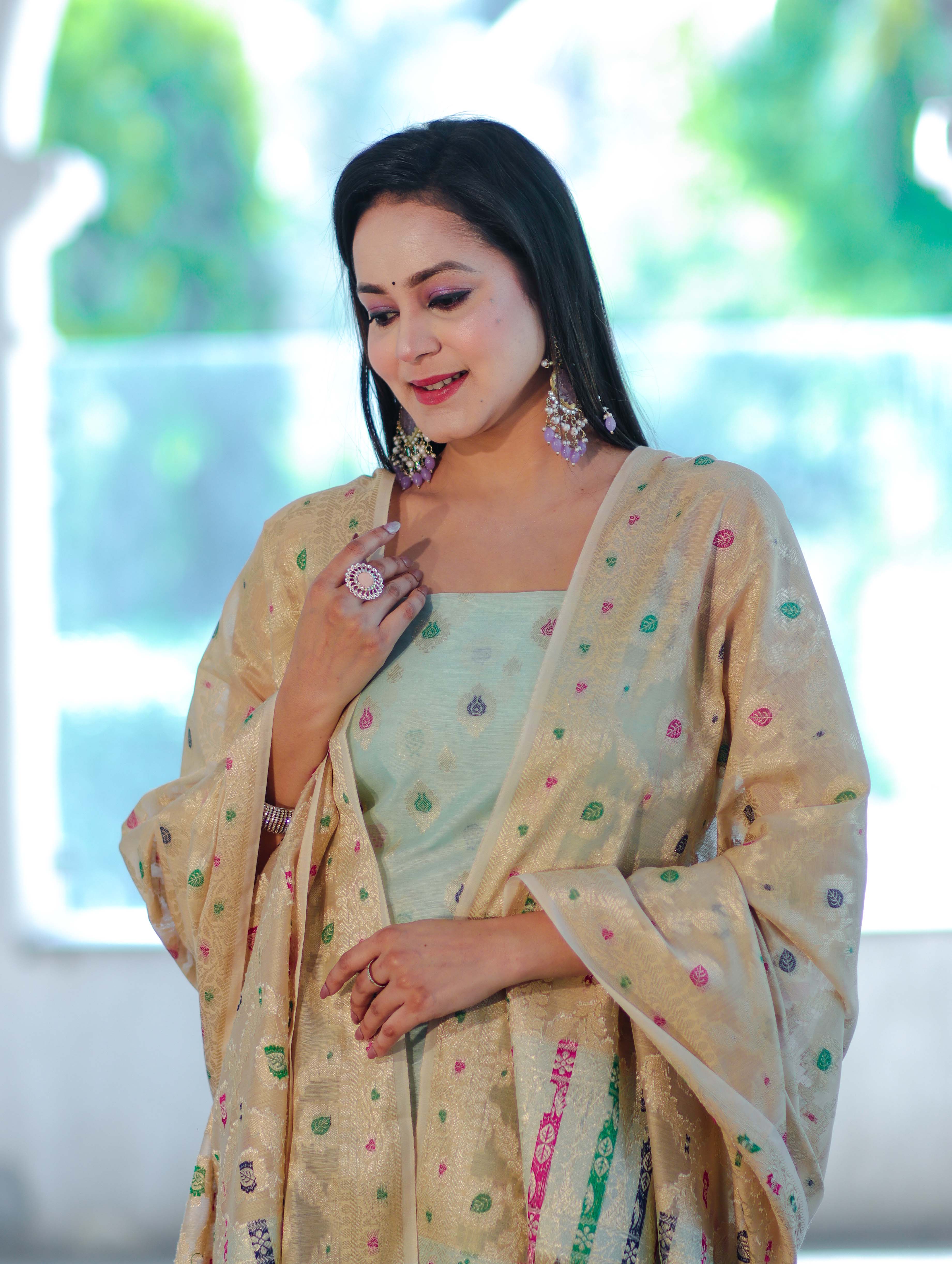 Banarasee Cotton Silk Zari Work Salwar Kameez Fabric With Jaal Design Dupatta Set-Pastel Green & Gold