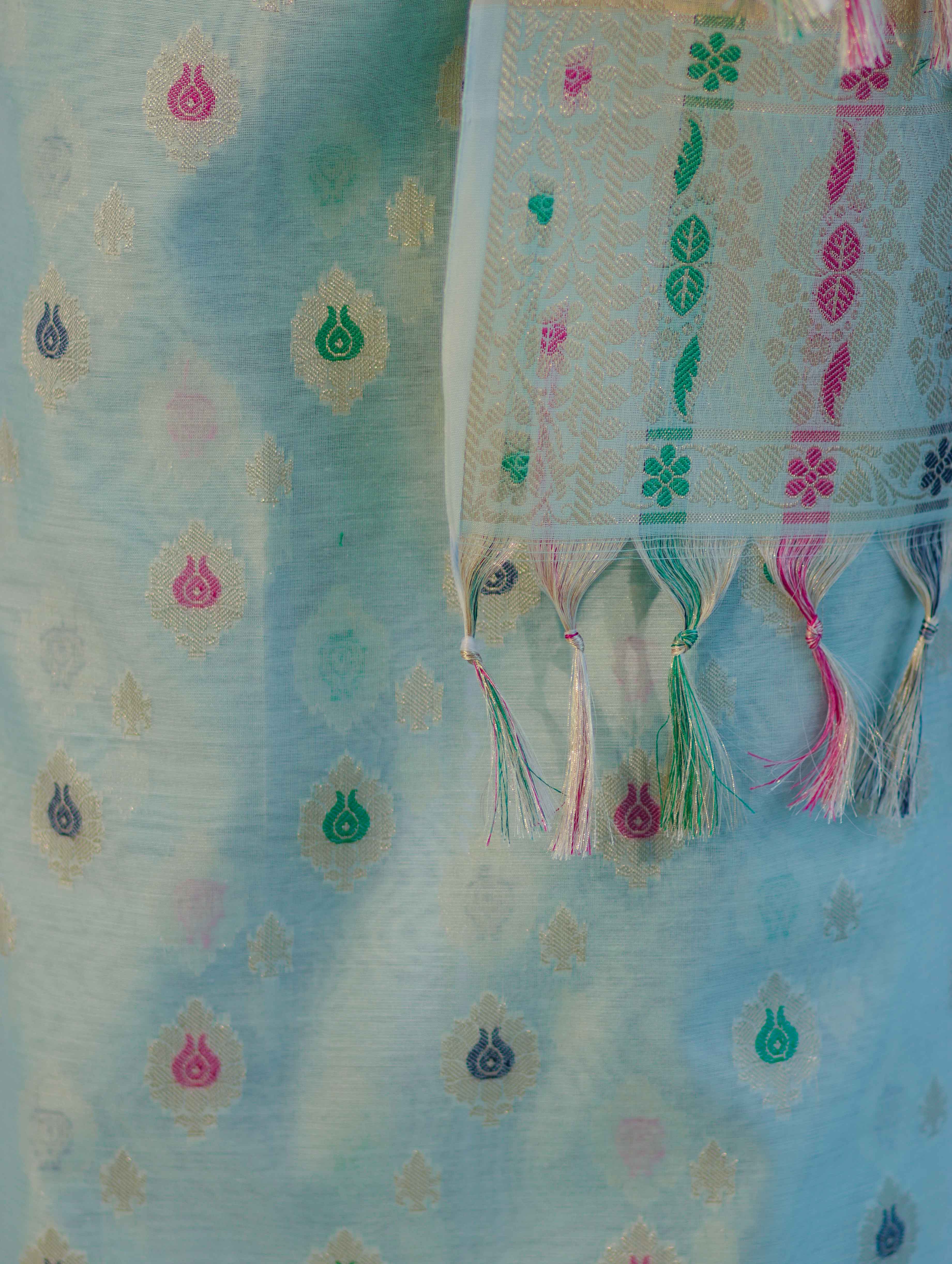 Banarasee Cotton Silk Zari Work Salwar Kameez Fabric With Jaal Design Dupatta Set-Pastel Green & Gold