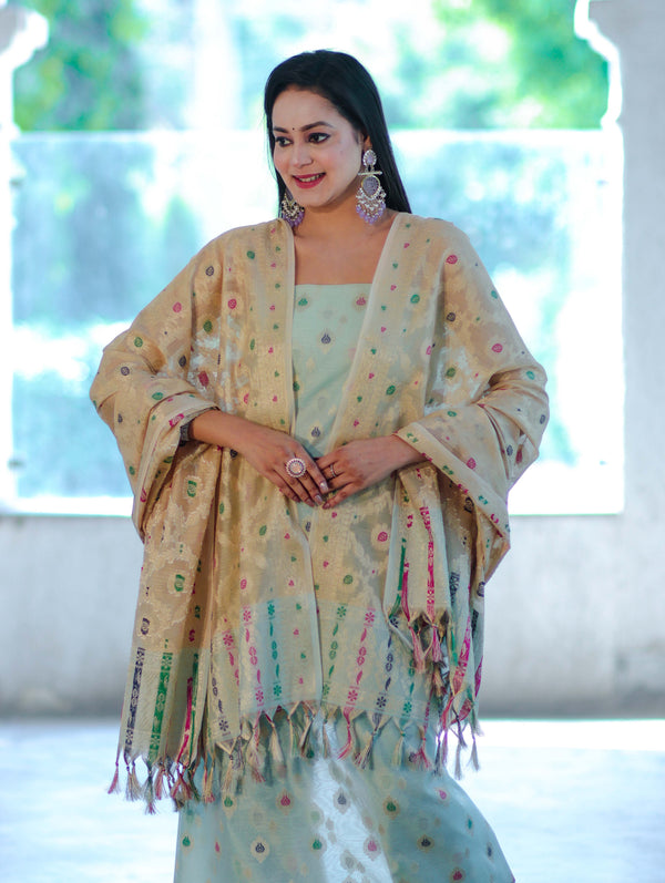 Banarasee Cotton Silk Zari Work Salwar Kameez Fabric With Jaal Design Dupatta Set-Pastel Green & Gold