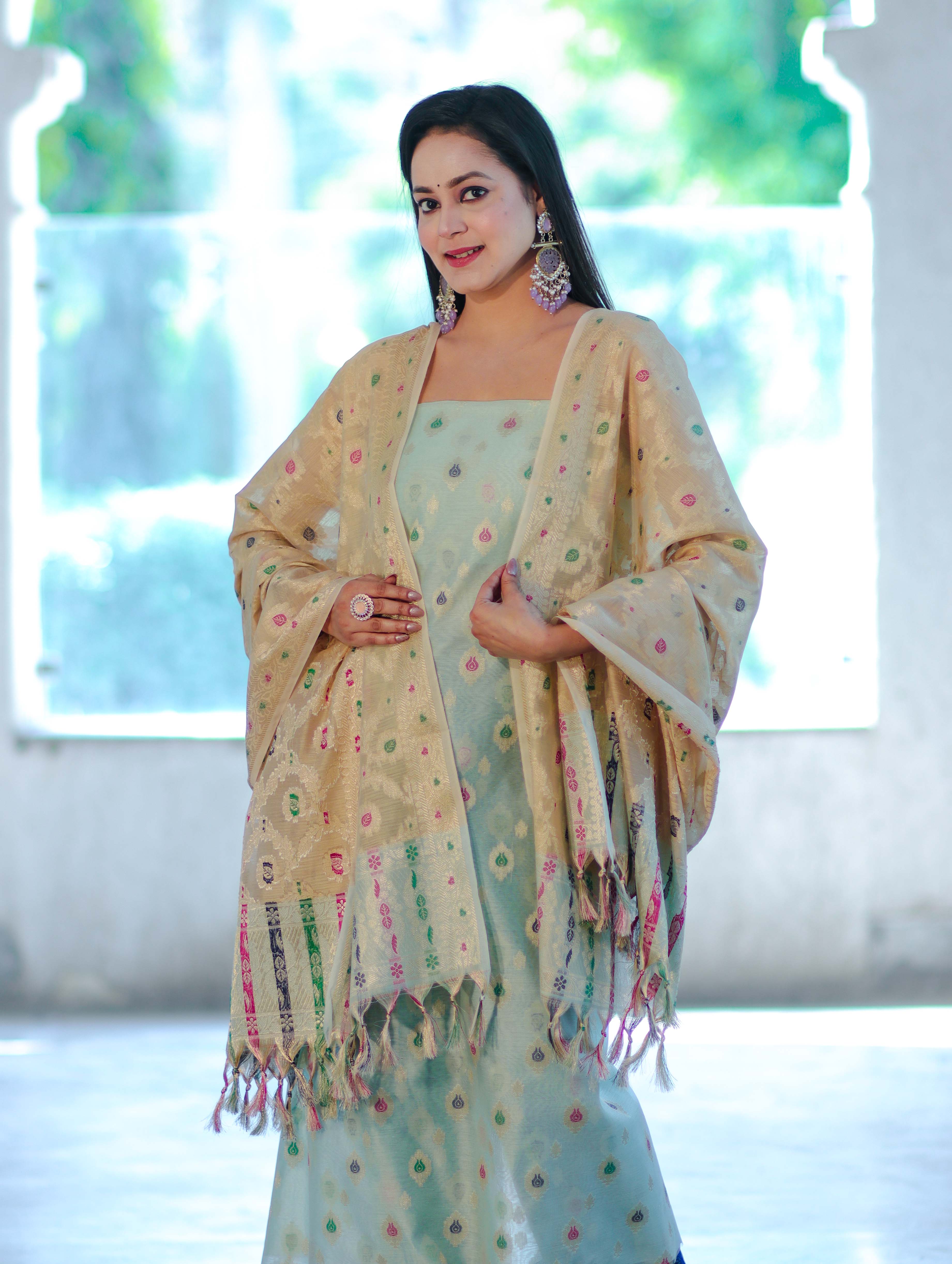 Banarasee Cotton Silk Zari Work Salwar Kameez Fabric With Jaal Design Dupatta Set-Pastel Green & Gold