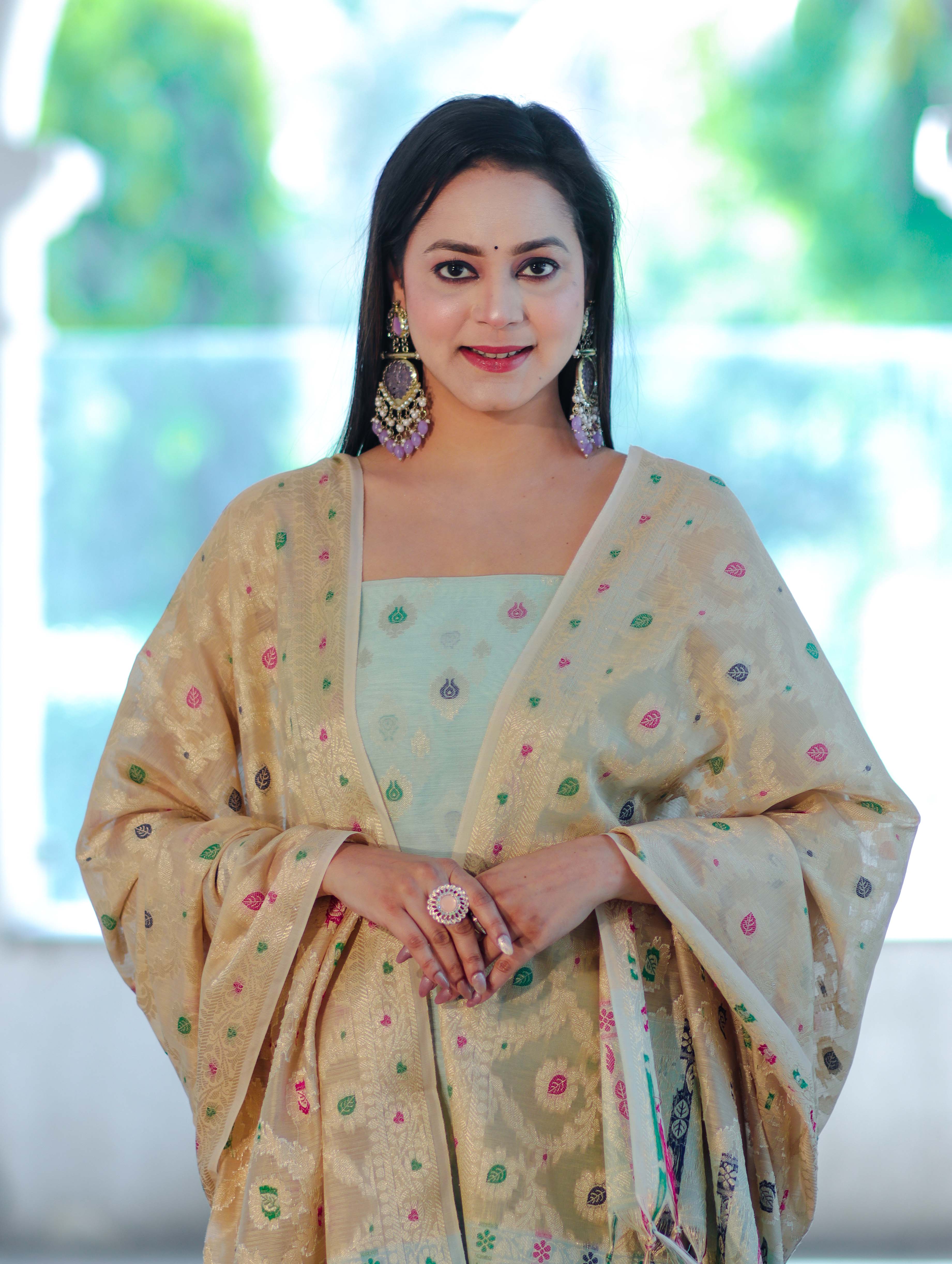 Banarasee Cotton Silk Zari Work Salwar Kameez Fabric With Jaal Design Dupatta Set-Pastel Green & Gold