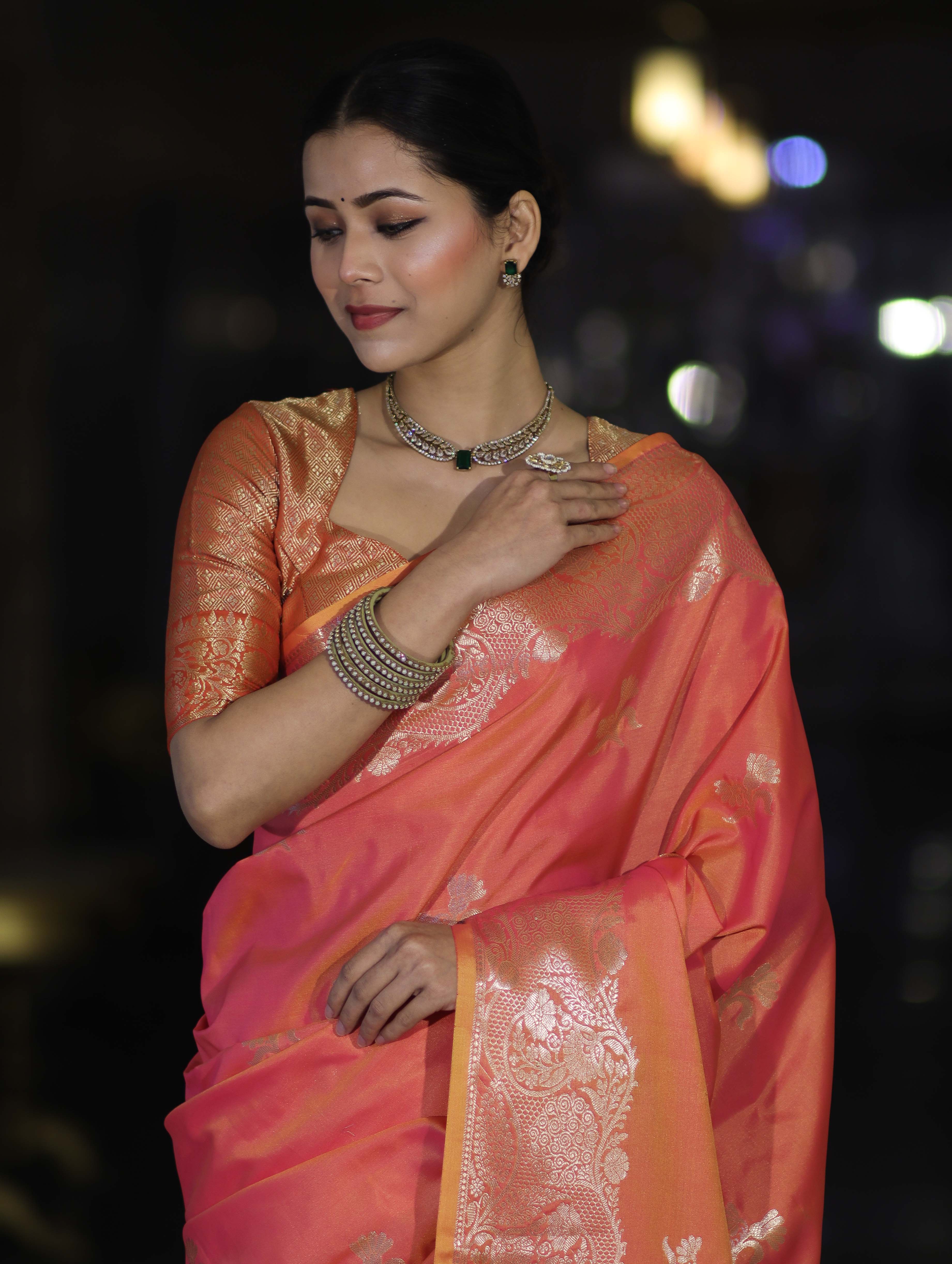 Banarasee Handloom Dual Tone Semi Silk Saree With Zari Buta Design & Floral Border-Coral Orange