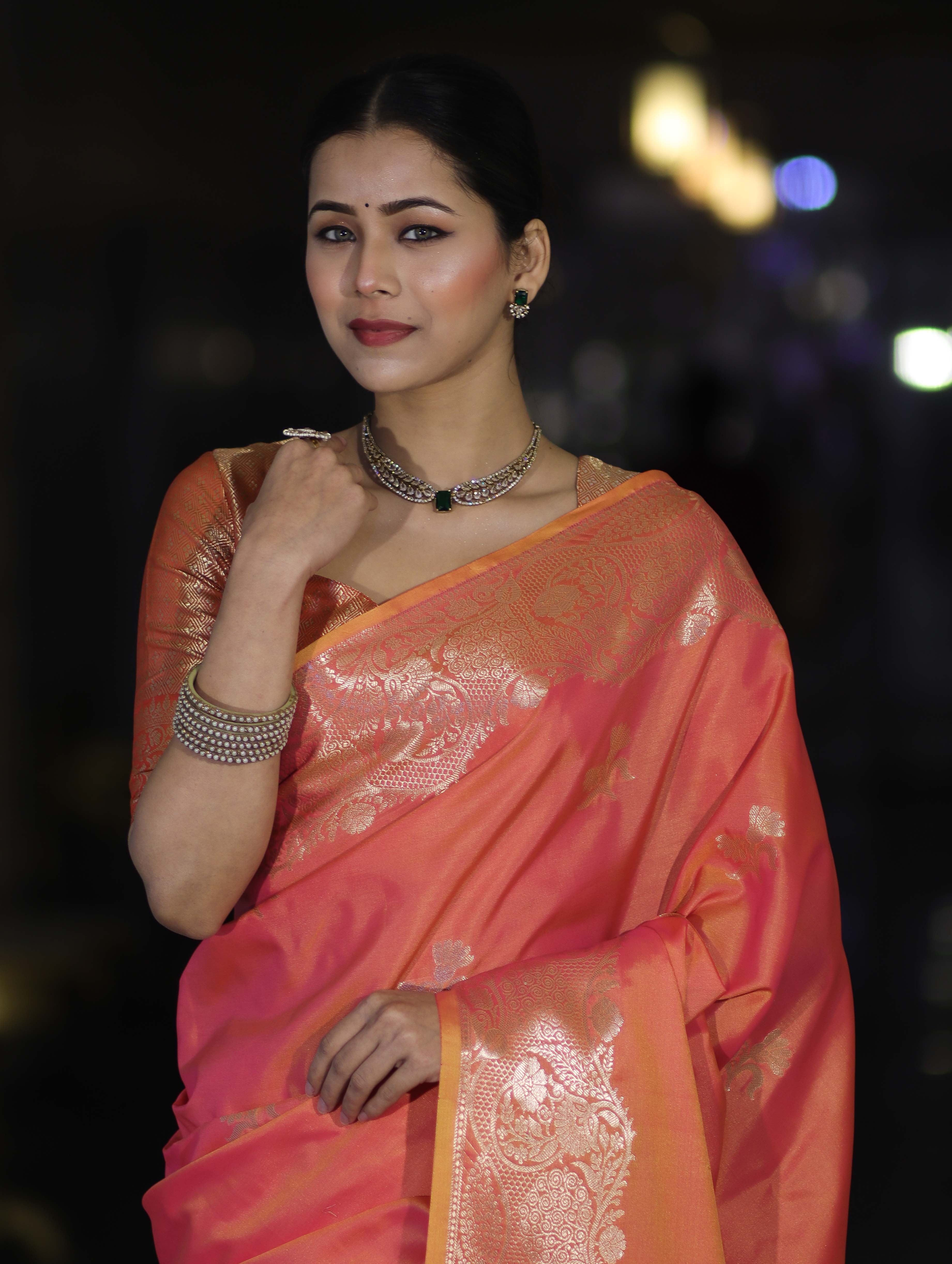 Banarasee Handloom Dual Tone Semi Silk Saree With Zari Buta Design & Floral Border-Coral Orange