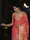 Banarasee Handloom Dual Tone Semi Silk Saree With Zari Buta Design & Floral Border-Coral Orange