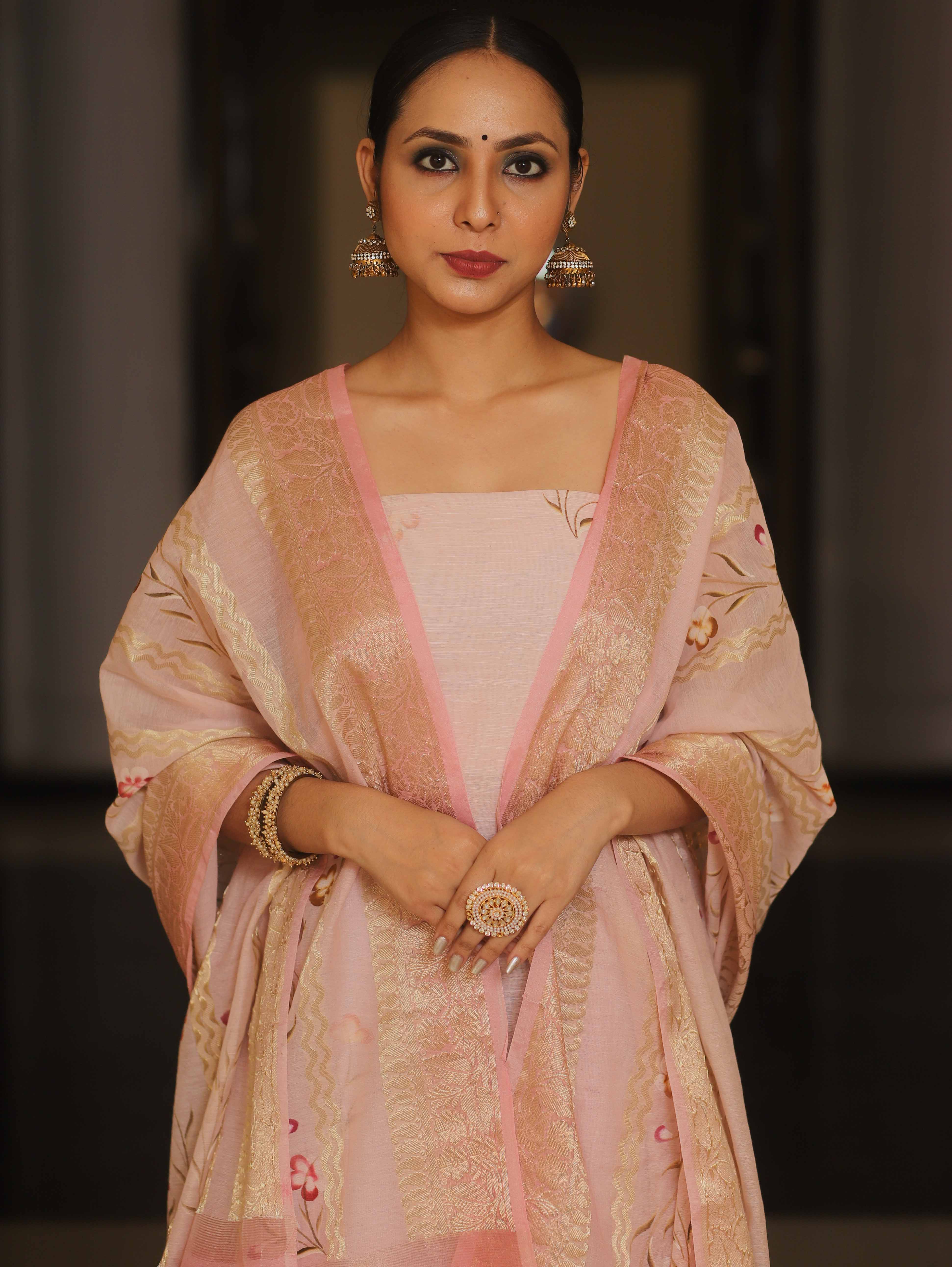 Banarasee Cotton Slub Zari Work & Hand Painted Salwar Kameez Fabric With Dupatta-Pink
