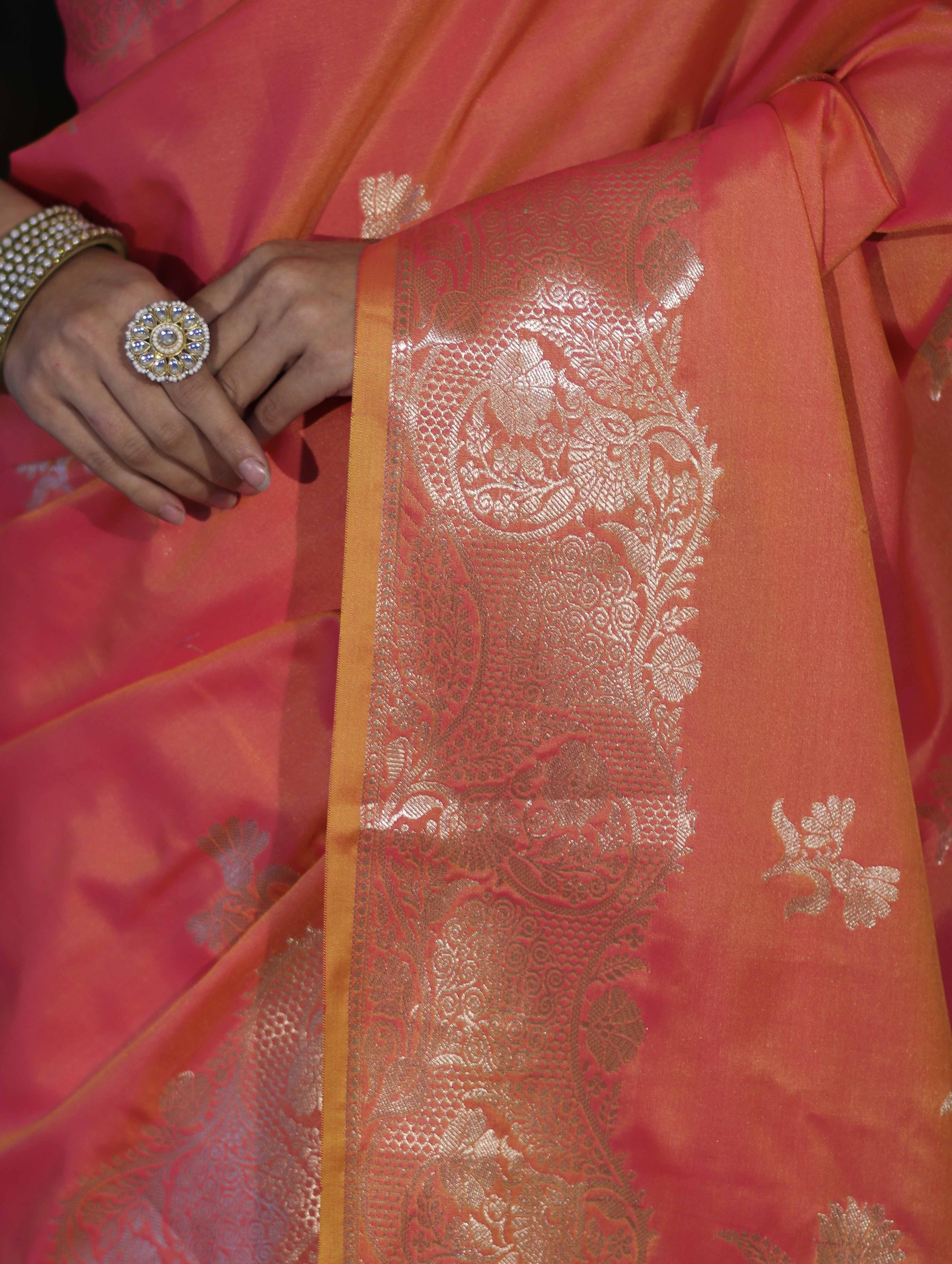 Banarasee Handloom Dual Tone Semi Silk Saree With Zari Buta Design & Floral Border-Coral Orange