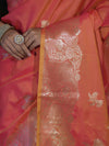 Banarasee Handloom Dual Tone Semi Silk Saree With Zari Buta Design & Floral Border-Coral Orange