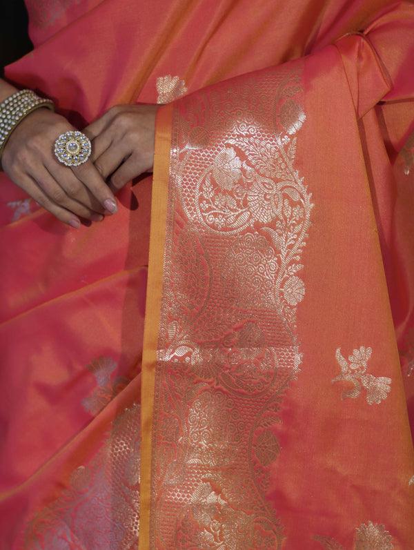 Banarasee Handloom Dual Tone Semi Silk Saree With Zari Buta Design & Floral Border-Coral Orange