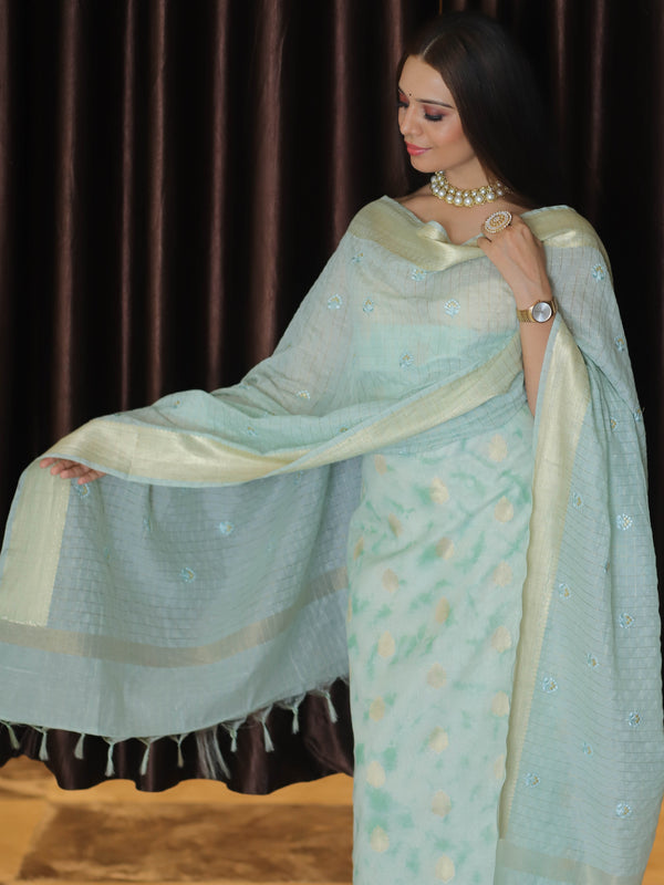 Banarasee Chanderi Cotton Zari Buti Salwar Kameez With Dupatta-Green