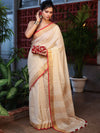 Banarasee Pure Linen Saree With Zari Checks Design-Cream & Red