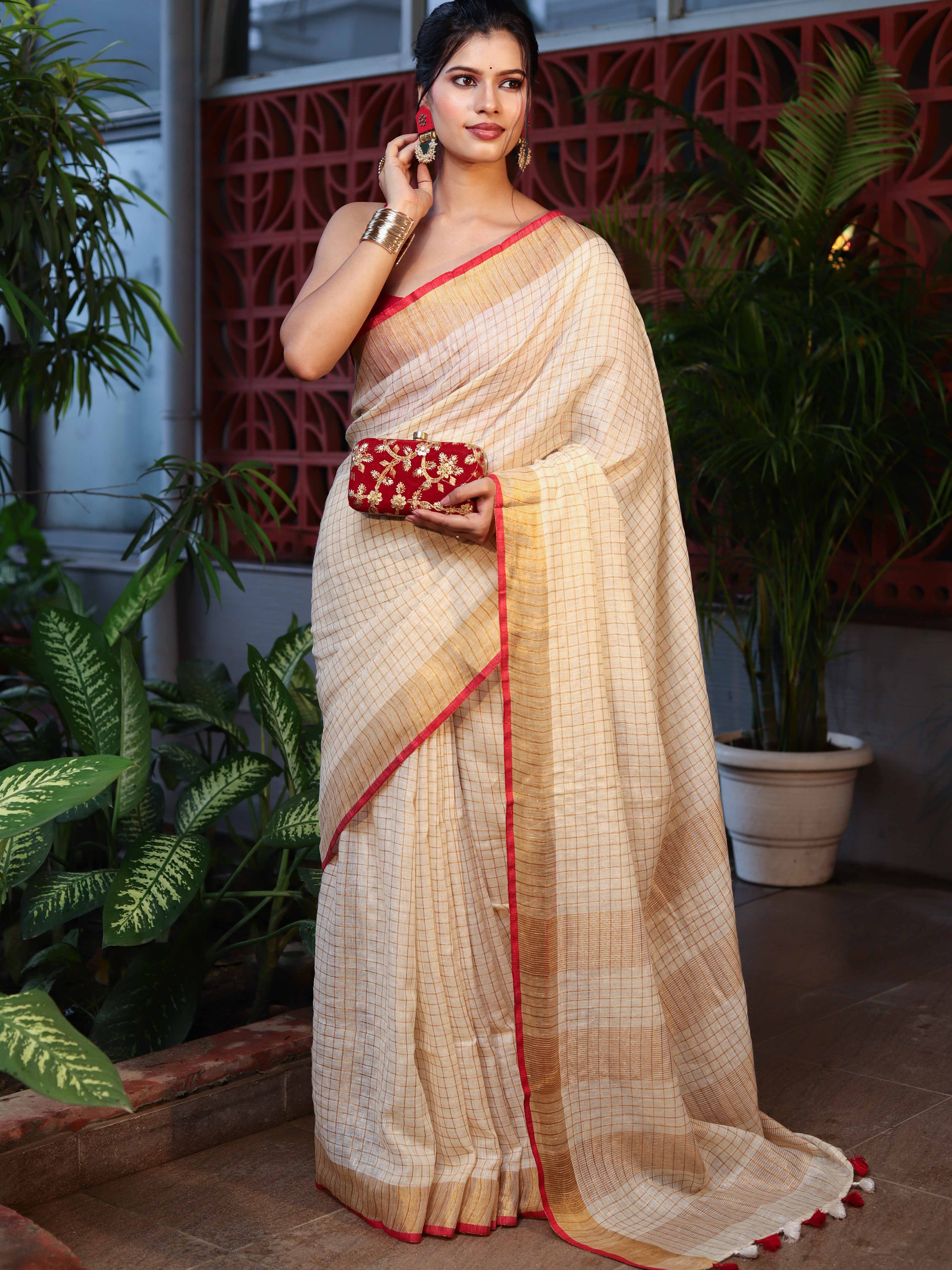 Banarasee Pure Linen Saree With Zari Checks Design-Cream & Red