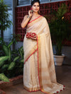 Banarasee Pure Linen Saree With Zari Checks Design-Cream & Red