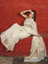 Banarasee Handloom Pure Cotton Silk Saree With Zari Jaal Design-Off White
