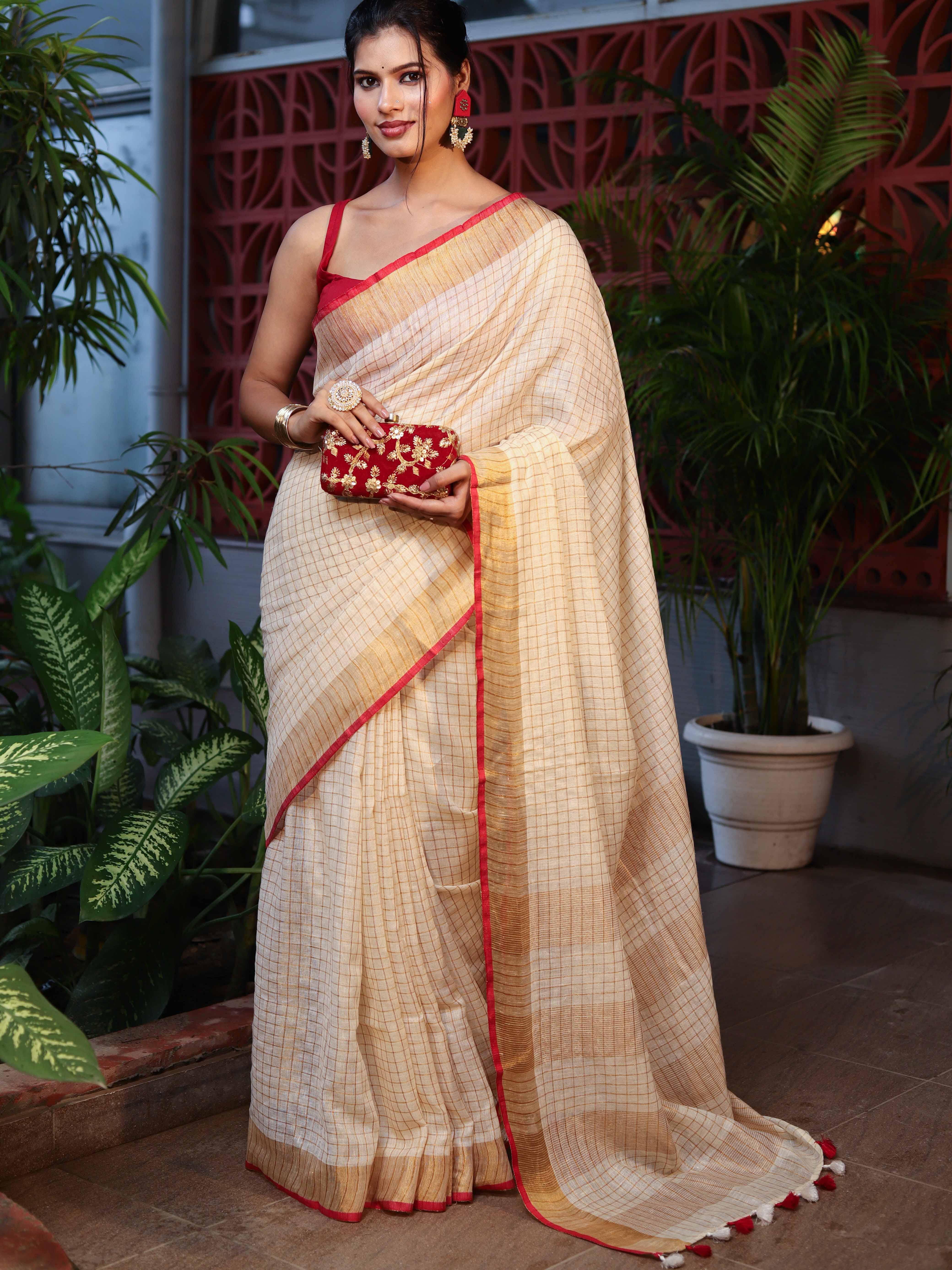 Banarasee Pure Linen Saree With Zari Checks Design-Cream & Red