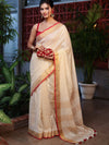 Banarasee Pure Linen Saree With Zari Checks Design-Cream & Red