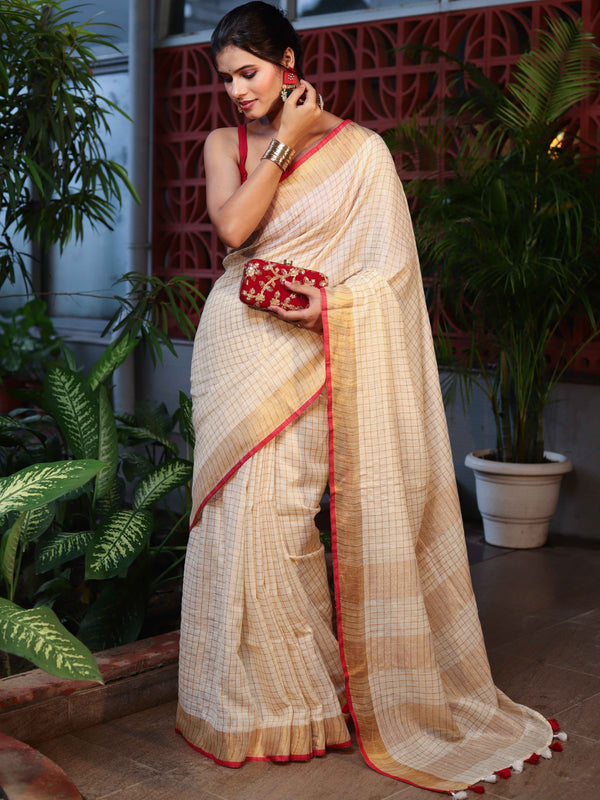 Banarasee Pure Linen Shine Saree With Zari Checks Design-Cream & Red