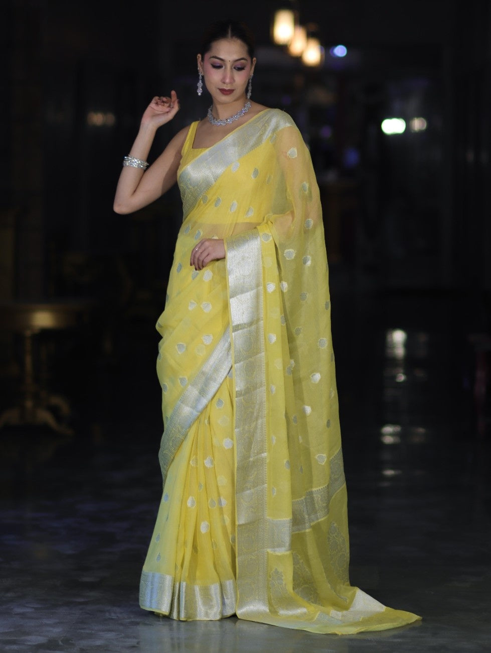Banarasee Pure Chiffon Saree With Silver Zari Buta Work & Border-Light Yellow