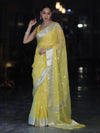 Banarasee Pure Chiffon Saree With Silver Zari Buta Work & Border-Light Yellow