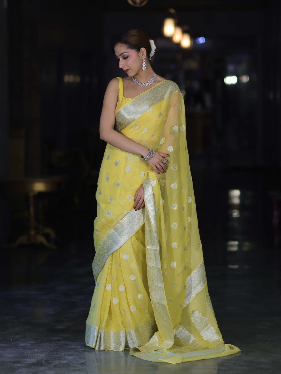 Banarasee Pure Chiffon Saree With Silver Zari Buta Work & Border-Light Yellow