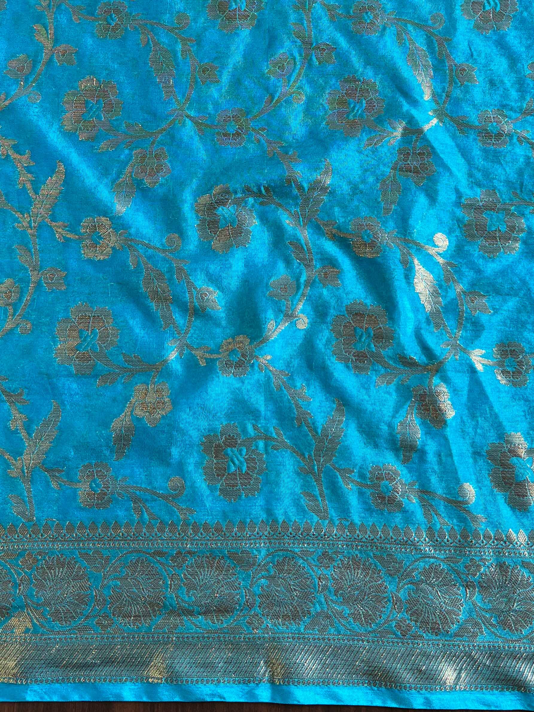 Banarasee Handwoven Semi Silk Plain Saree With Zari Contrast Border-Yellow & Blue