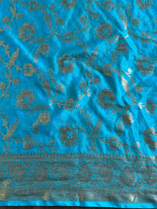 Banarasee Handwoven Semi Silk Plain Saree With Zari Contrast Border-Yellow & Blue