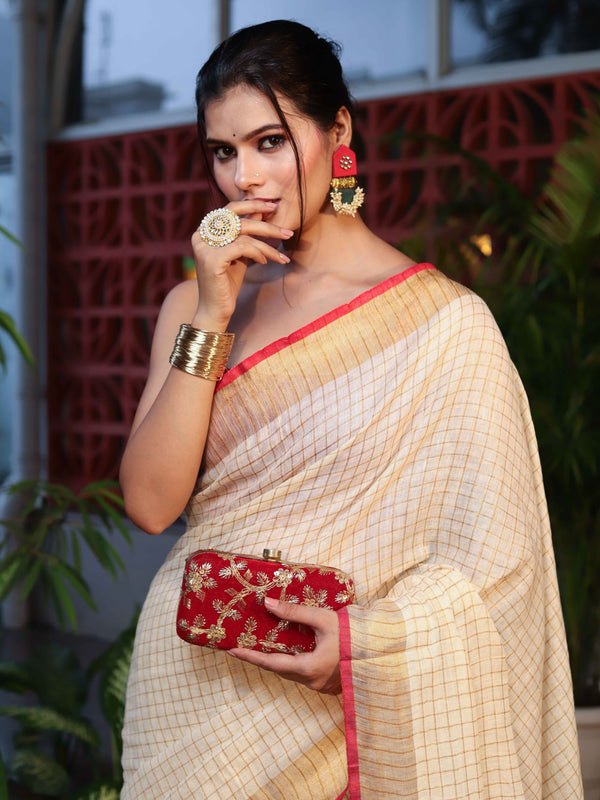 Banarasee Pure Linen Saree With Zari Checks Design-Cream & Red