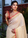 Banarasee Pure Linen Saree With Zari Checks Design-Cream & Red