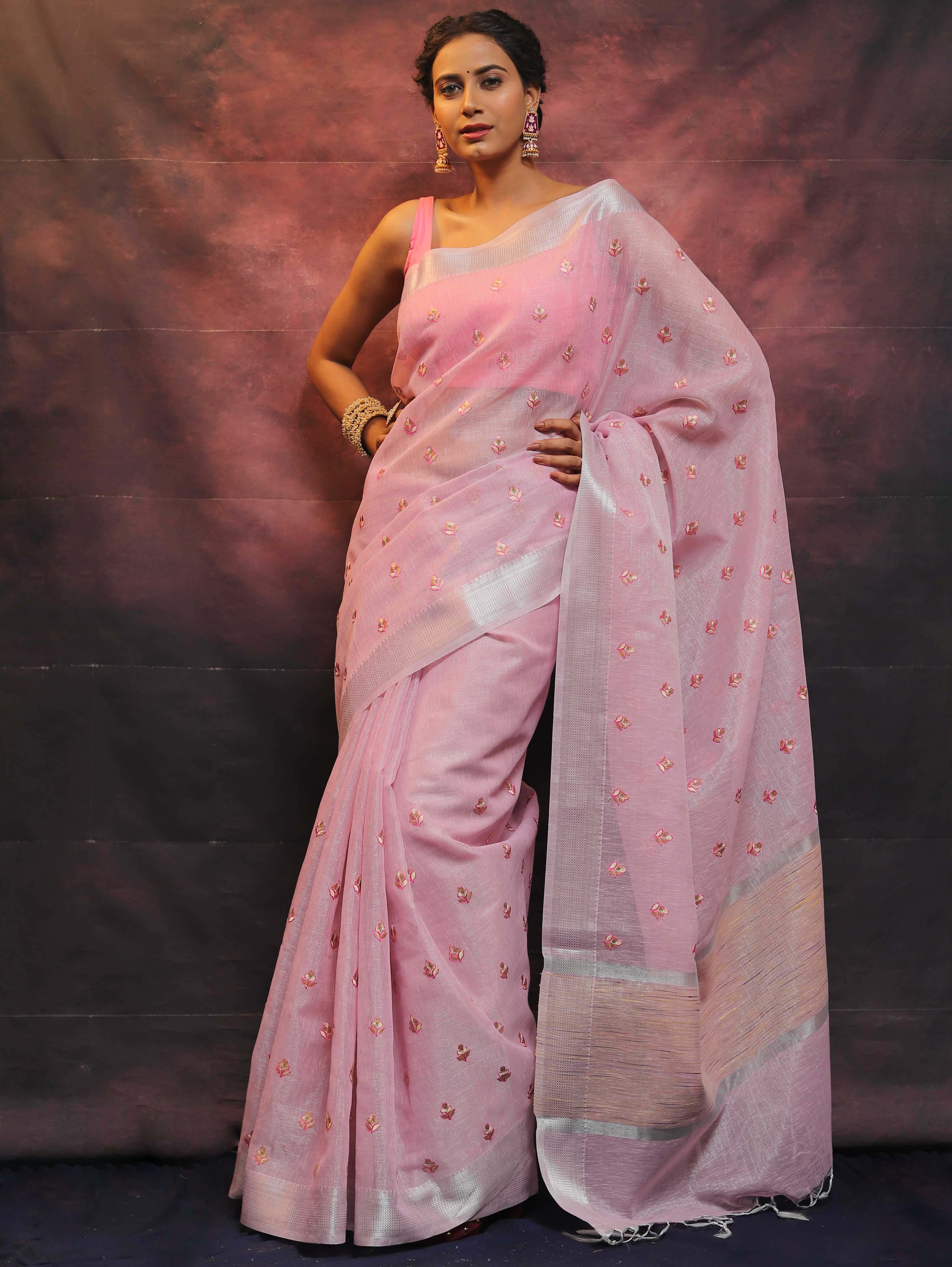 Banarasee Handwoven Zari Border Tissue Saree With Embroidered Floral Buta-Pink