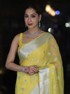 Banarasee Pure Chiffon Saree With Silver Zari Buta Work & Border-Light Yellow